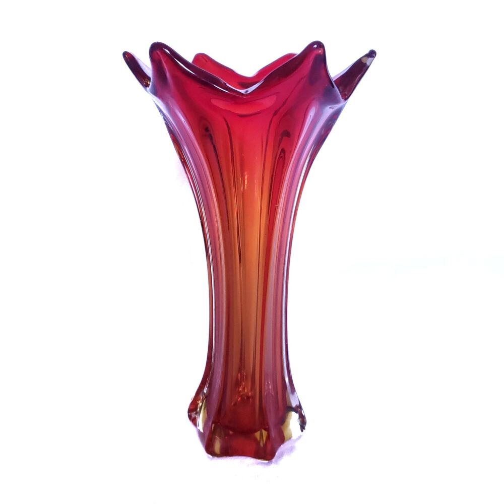 Mid Century Orange & Red Art Glass Vase 10"